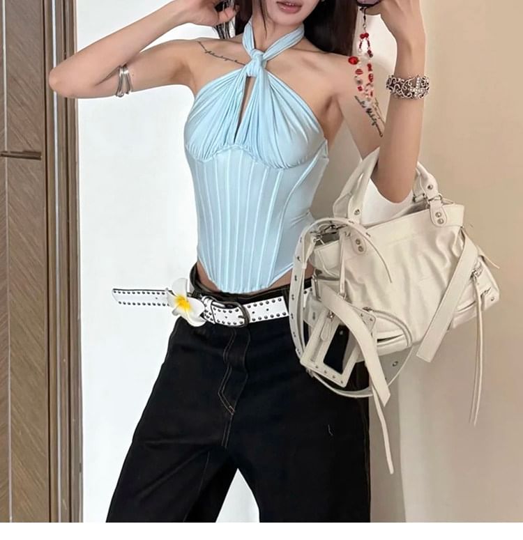 Knotted Halter Neck Solid Color Crop Top