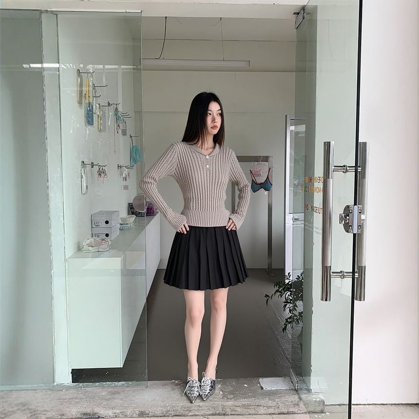 Shawl Collar Cable Knit Cardigan with Pleated Mini A-Line Skirt
