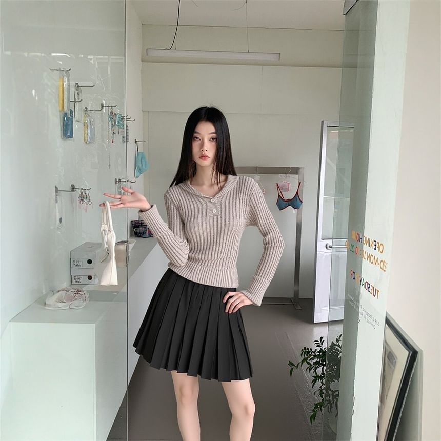 Shawl Collar Cable Knit Cardigan with Pleated Mini A-Line Skirt