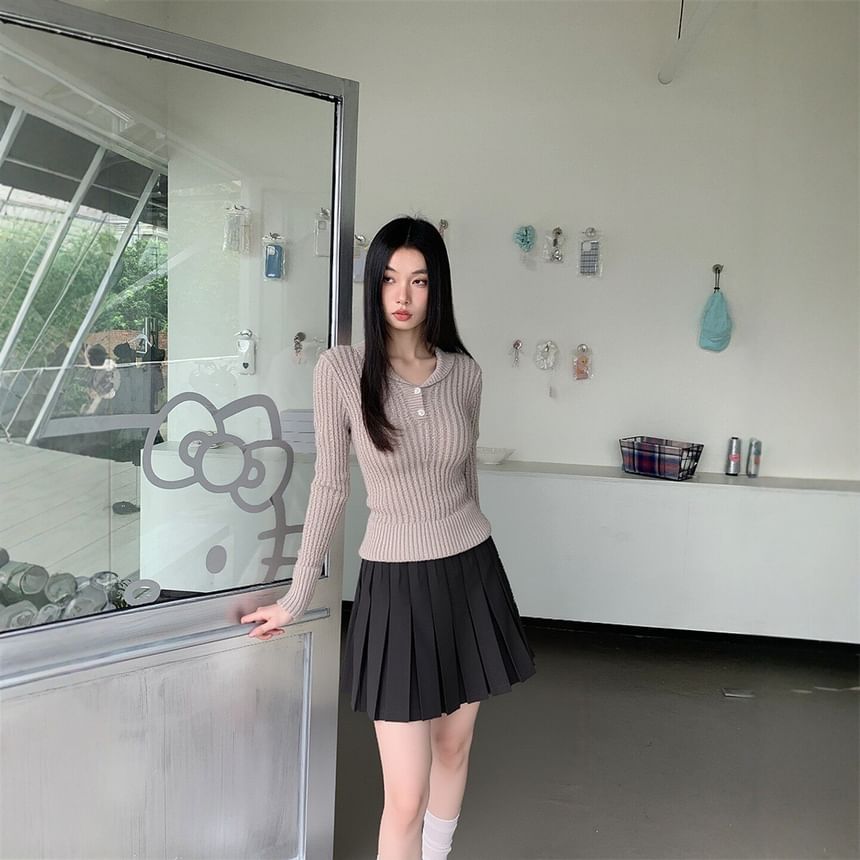 Shawl Collar Cable Knit Cardigan with Pleated Mini A-Line Skirt
