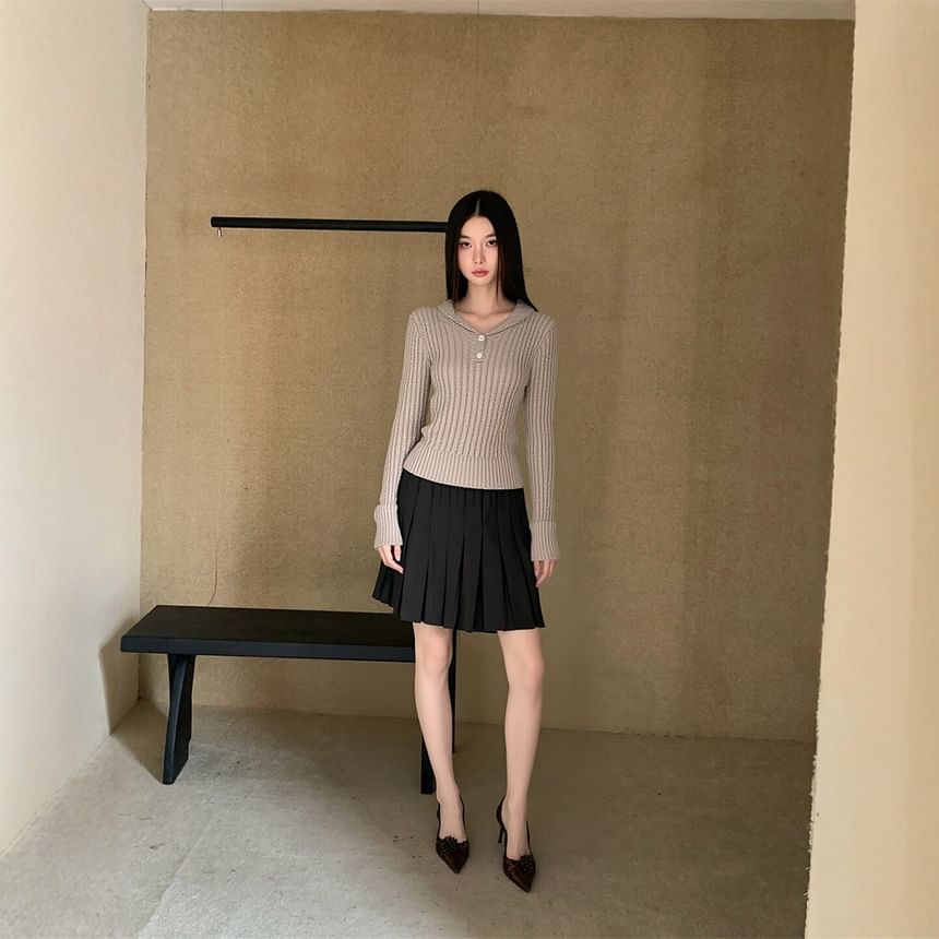 Shawl Collar Cable Knit Cardigan with Pleated Mini A-Line Skirt