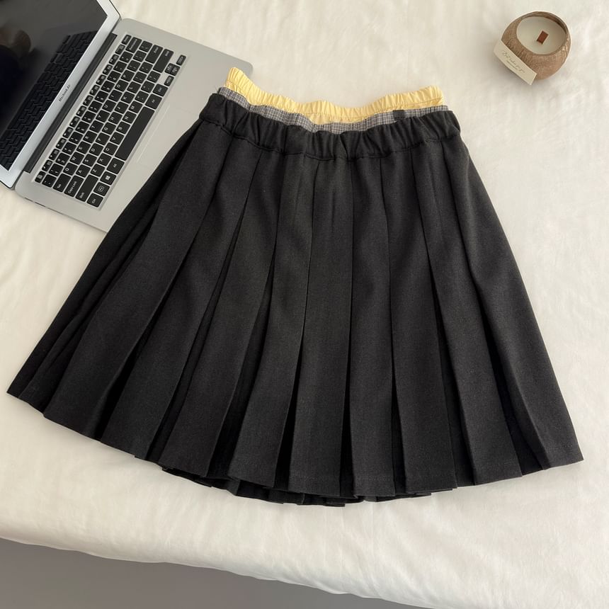 Shawl Collar Cable Knit Cardigan with Pleated Mini A-Line Skirt