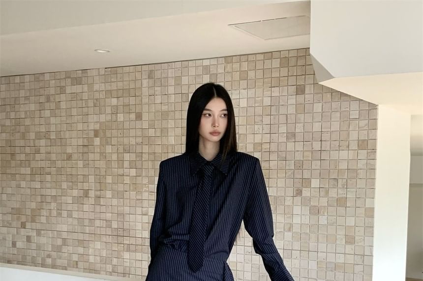 Pinstriped Long Sleeve Shirt with Necktie and Low Rise High-Low Pencil Skirt Set