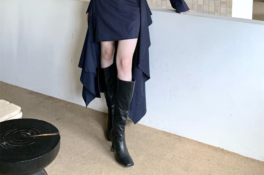 Pinstriped Long Sleeve Shirt with Necktie and Low Rise High-Low Pencil Skirt Set