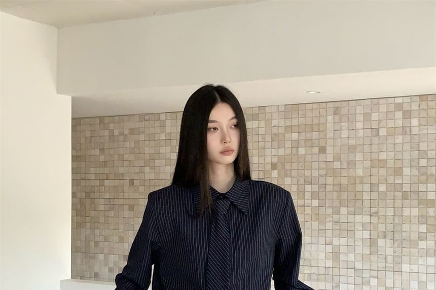 Pinstriped Long Sleeve Shirt with Necktie and Low Rise High-Low Pencil Skirt Set