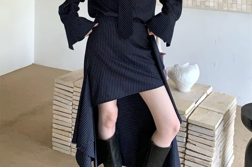 Pinstriped Long Sleeve Shirt with Necktie and Low Rise High-Low Pencil Skirt Set
