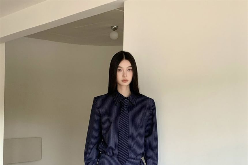 Pinstriped Long Sleeve Shirt with Necktie and Low Rise High-Low Pencil Skirt Set