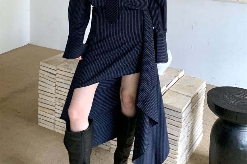 Pinstriped Long Sleeve Shirt with Necktie and Low Rise High-Low Pencil Skirt Set