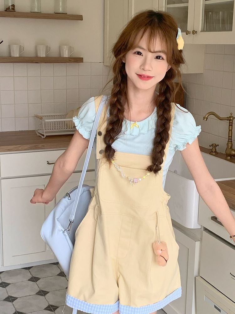 Frill Trim Puff Sleeve Tee with Gingham Wide Leg Shorts, Leg Warmers & Bonnet Set