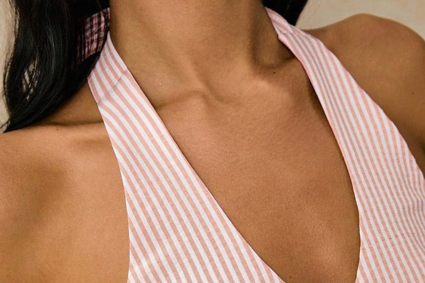 Striped Halter Tank with V-Neck and Slim Fit