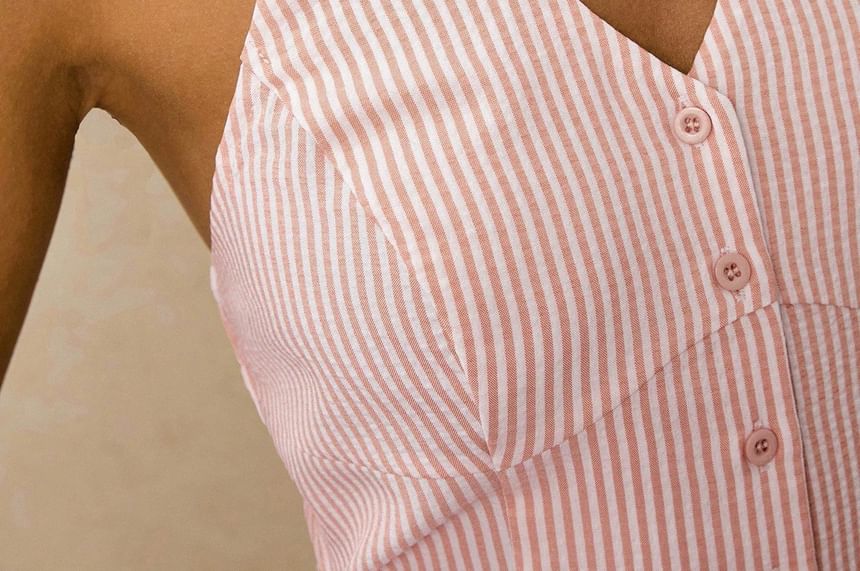 Striped Halter Tank with V-Neck and Slim Fit