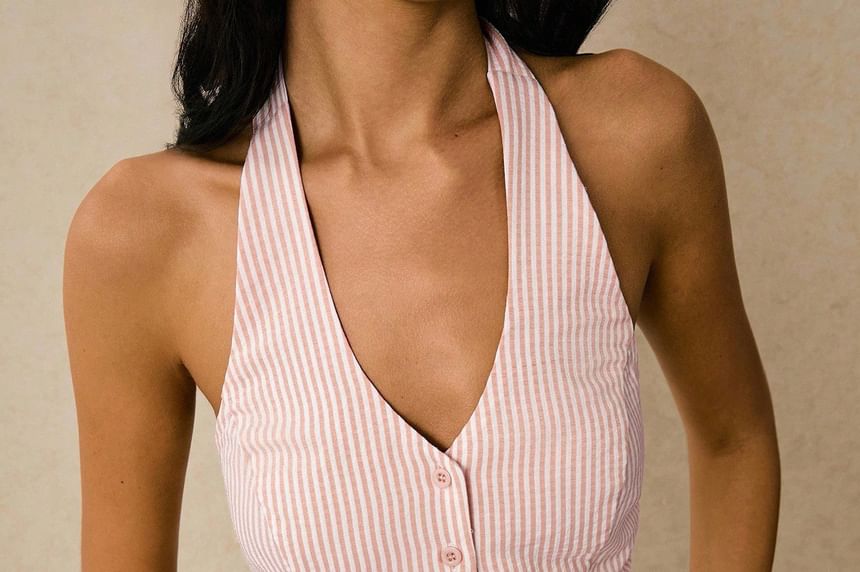 Striped Halter Tank with V-Neck and Slim Fit