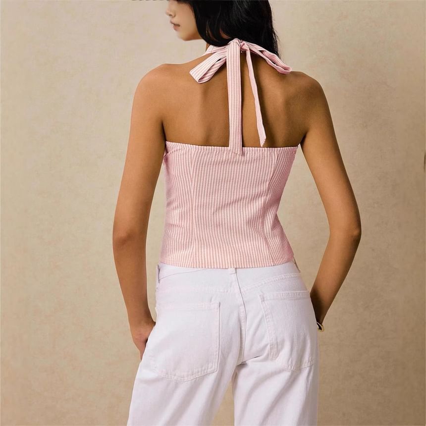 Striped Halter Tank with V-Neck and Slim Fit