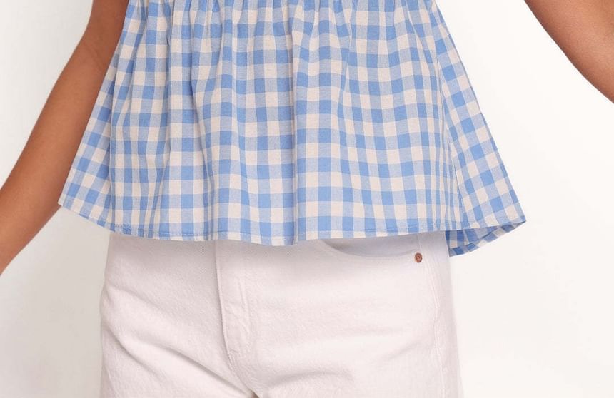 Gingham Print Square Neck Peplum Tank