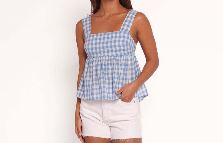Gingham Print Square Neck Peplum Tank