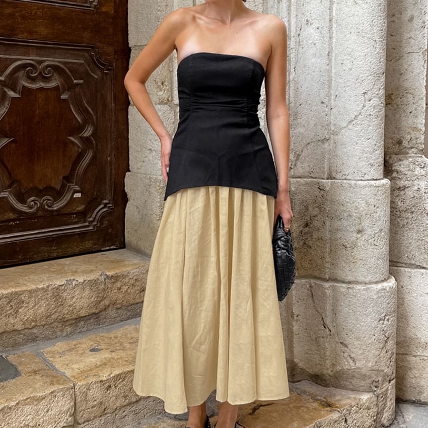 Plain Tube Top with High Waist Maxi A-Line Skirt Set