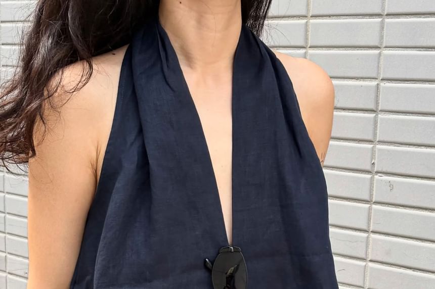 Plunged Halter Peplum Top with Tie Waist