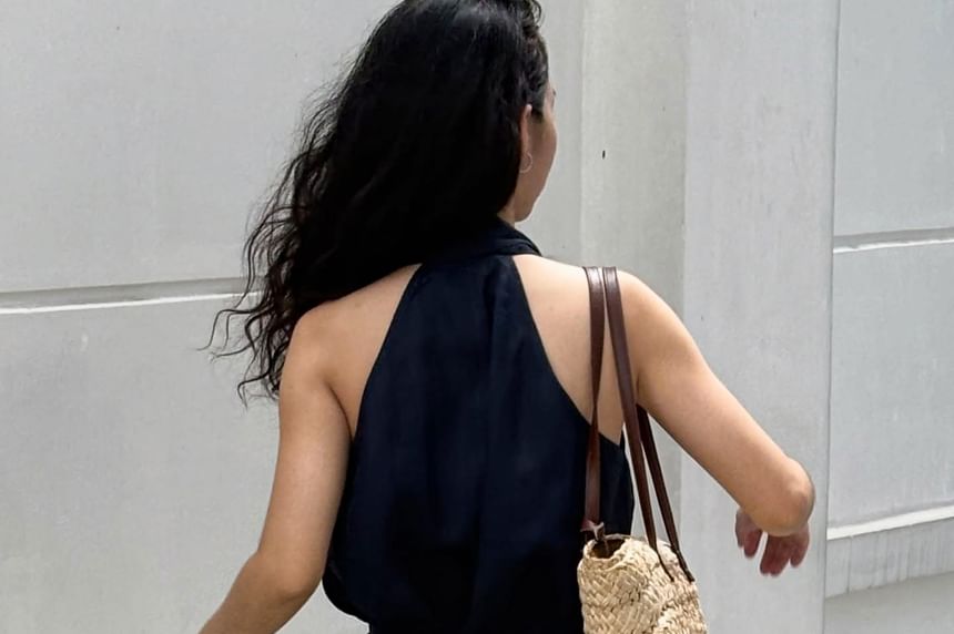 Plunged Halter Peplum Top with Tie Waist
