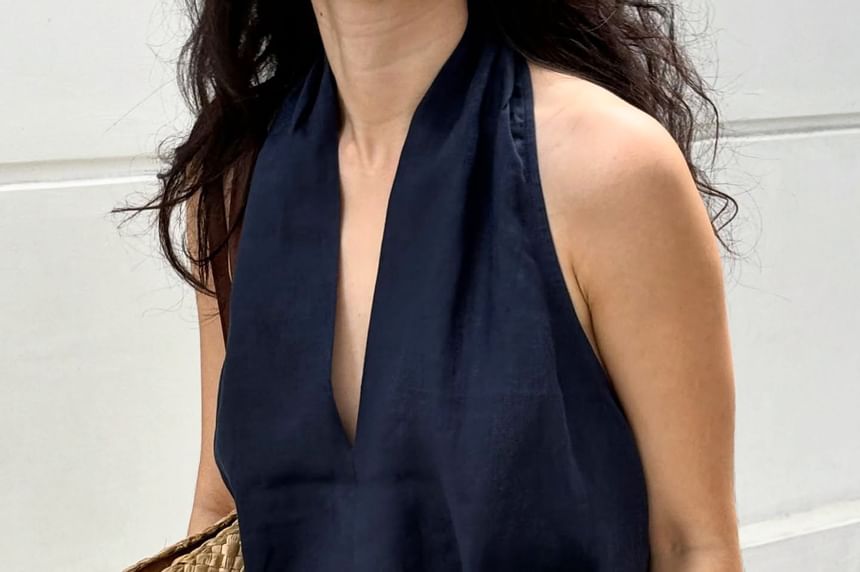Plunged Halter Peplum Top with Tie Waist