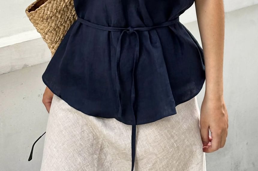 Plunged Halter Peplum Top with Tie Waist