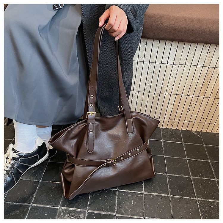 Faux Leather Buckled Strap Shoulder Bag