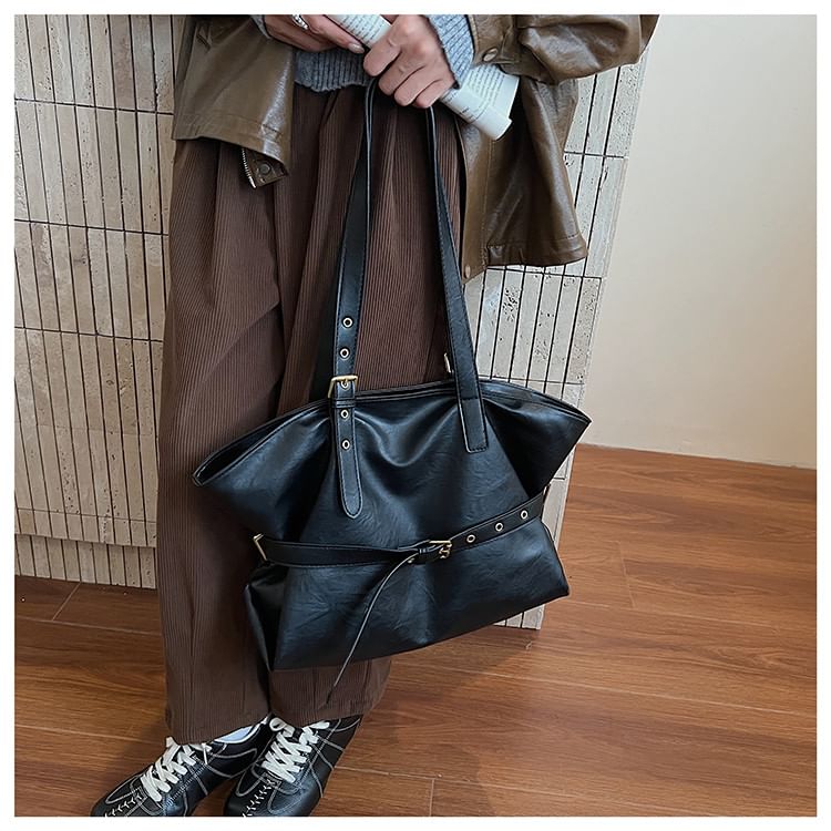 Faux Leather Buckled Strap Shoulder Bag