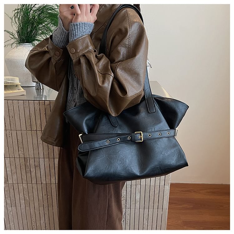 Faux Leather Buckled Strap Shoulder Bag