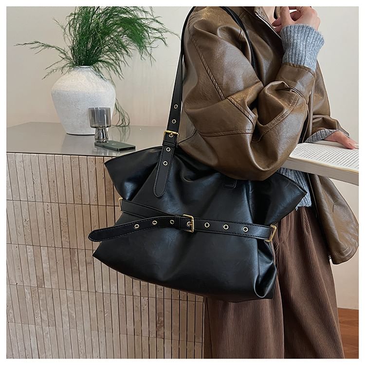 Faux Leather Buckled Strap Shoulder Bag