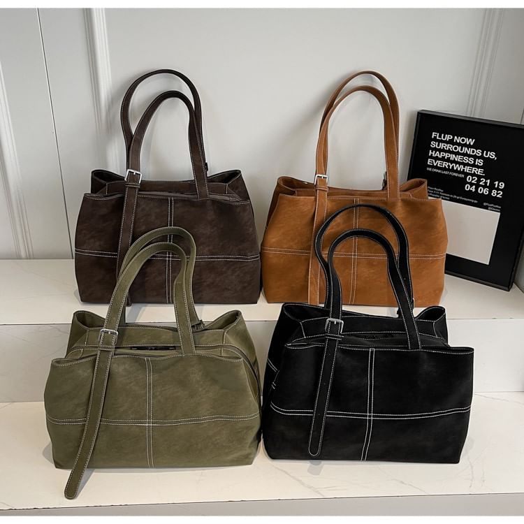 Faux Suede Contrast Stitching Tote Bag