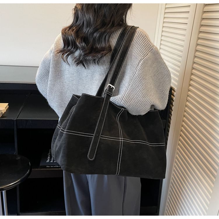 Faux Suede Contrast Stitching Tote Bag