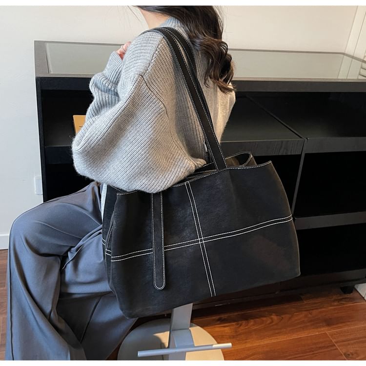 Faux Suede Contrast Stitching Tote Bag