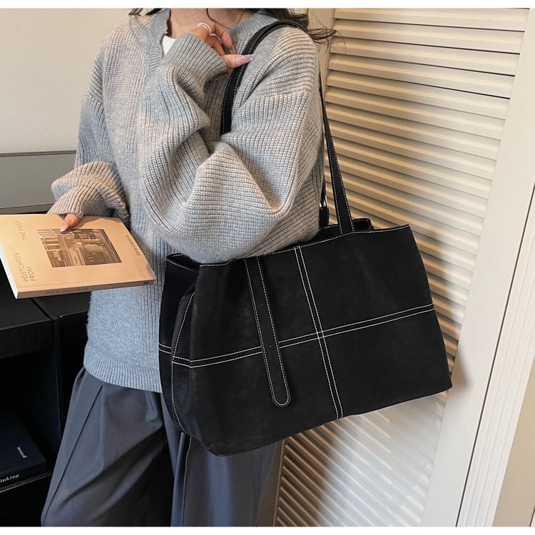 Faux Suede Contrast Stitching Tote Bag