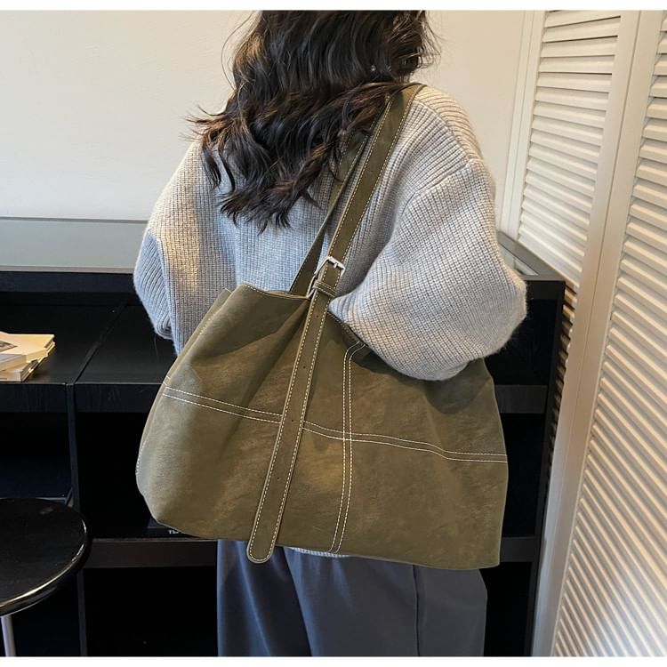 Faux Suede Contrast Stitching Tote Bag