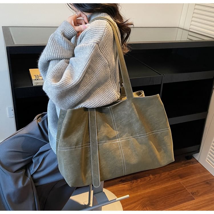 Faux Suede Contrast Stitching Tote Bag