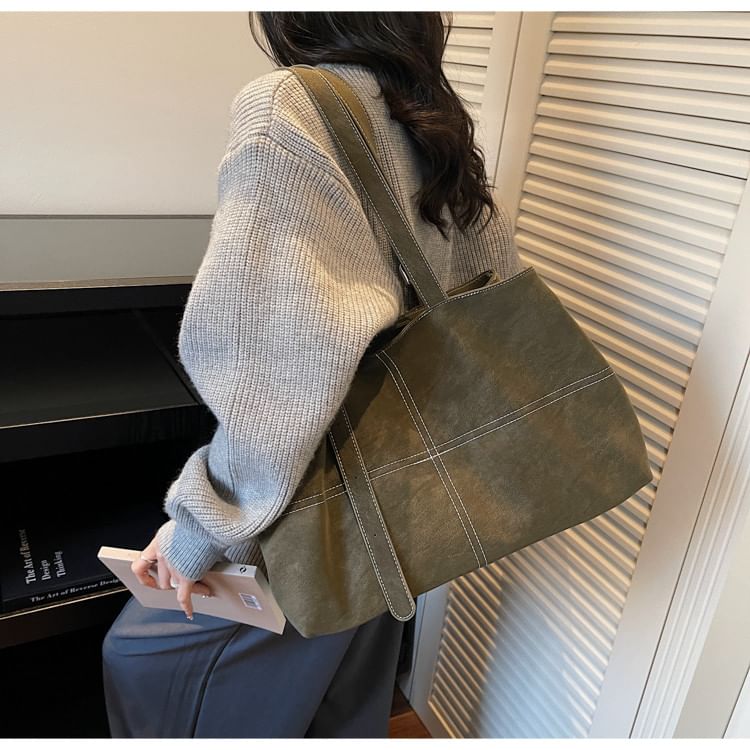 Faux Suede Contrast Stitching Tote Bag