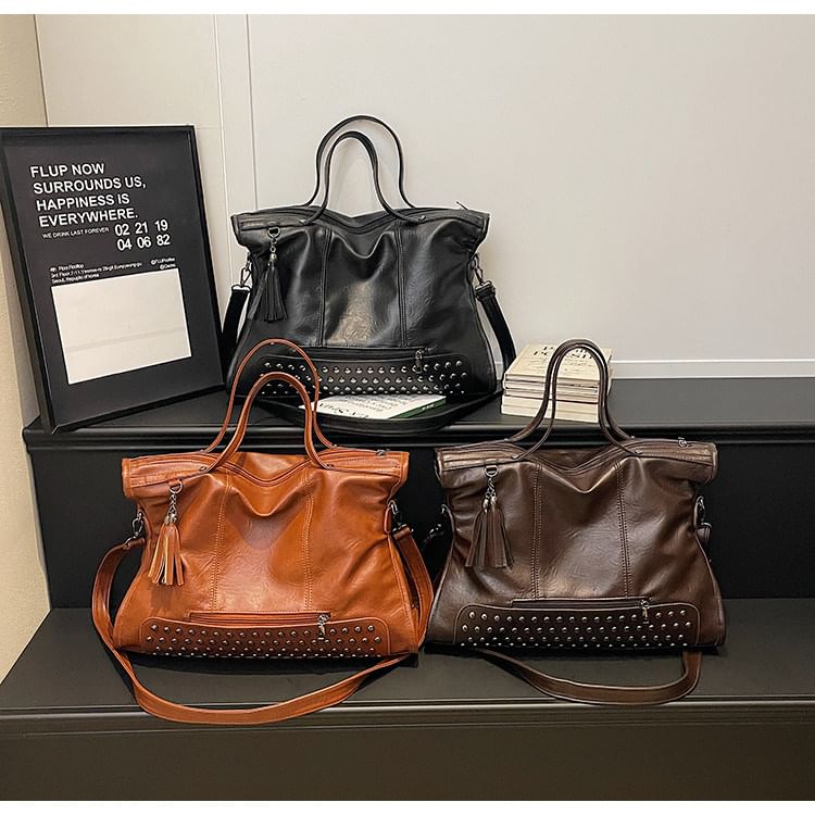 Faux Leather Studded Shoulder Bag