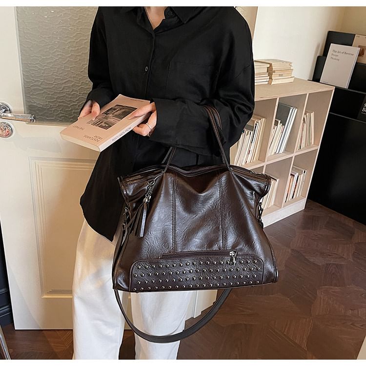 Faux Leather Studded Shoulder Bag