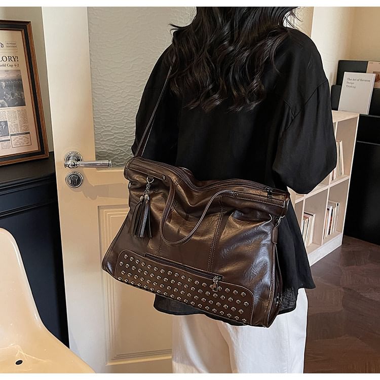 Faux Leather Studded Shoulder Bag