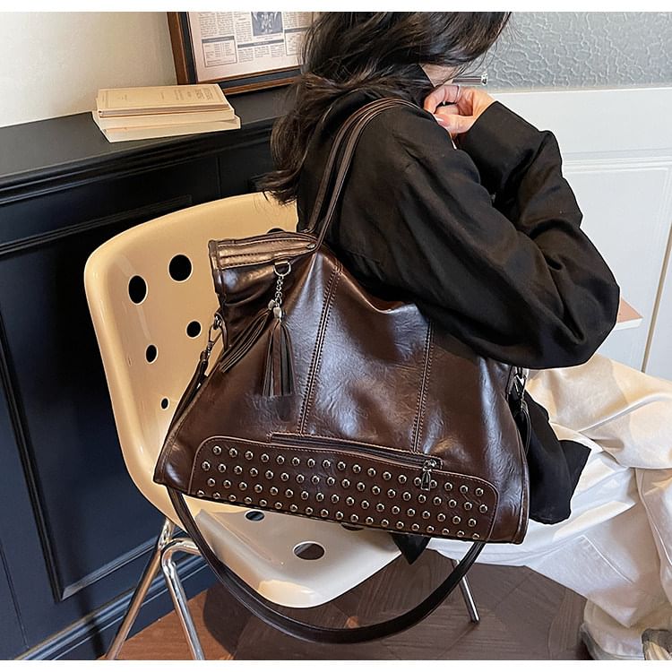 Faux Leather Studded Shoulder Bag