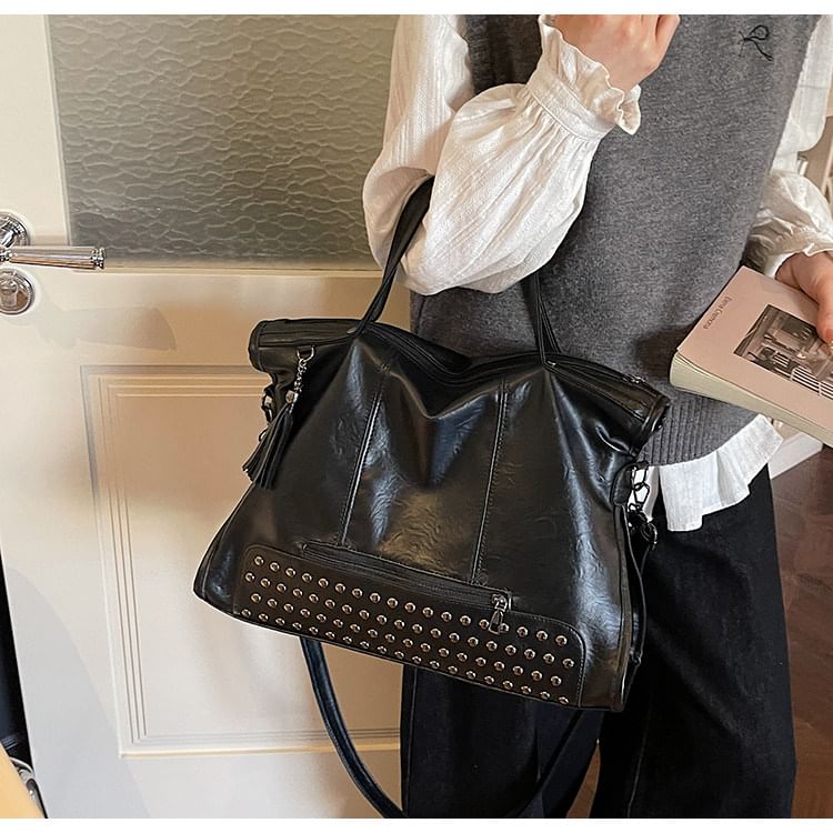 Faux Leather Studded Shoulder Bag