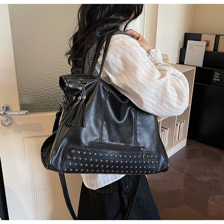 Faux Leather Studded Shoulder Bag
