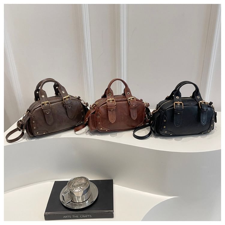 Studded Buckled Flap Pocket Crossbody Bowler Bag