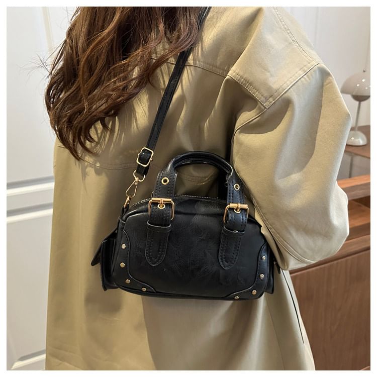 Studded Buckled Flap Pocket Crossbody Bowler Bag
