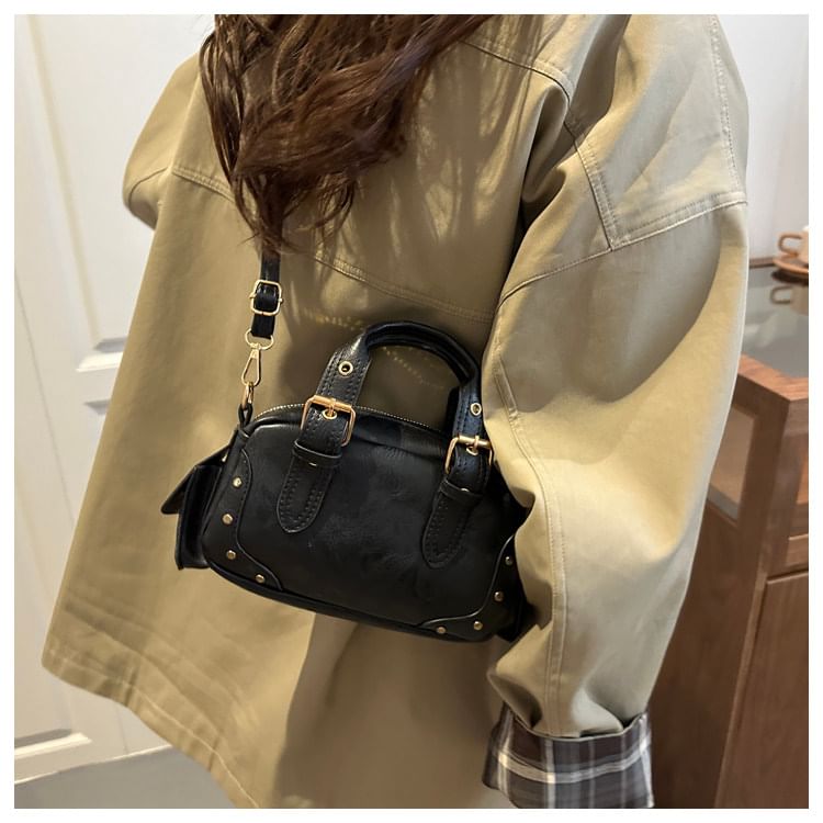 Studded Buckled Flap Pocket Crossbody Bowler Bag