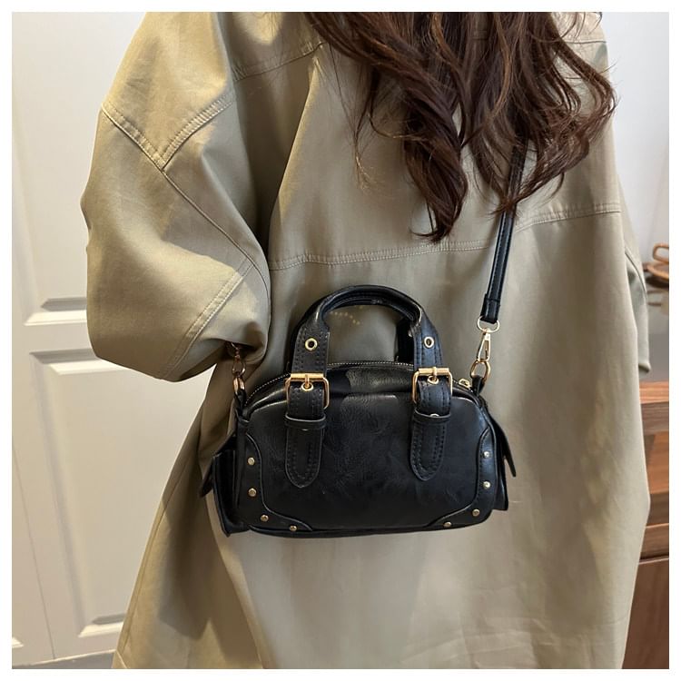 Studded Buckled Flap Pocket Crossbody Bowler Bag