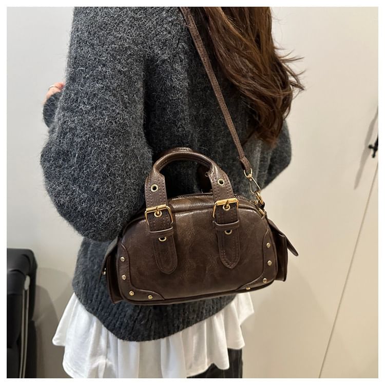 Studded Buckled Flap Pocket Crossbody Bowler Bag