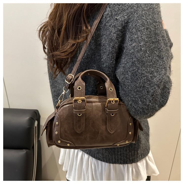 Studded Buckled Flap Pocket Crossbody Bowler Bag