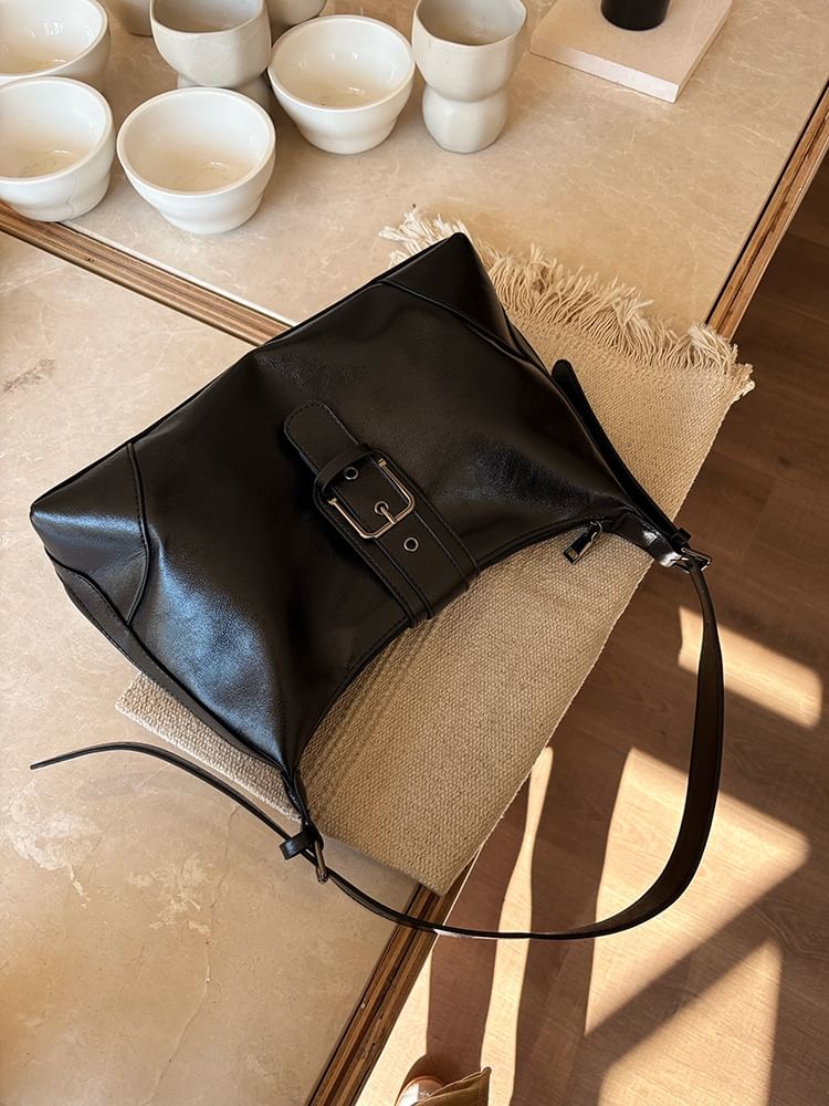 Buckled Faux Leather Hobo Bag