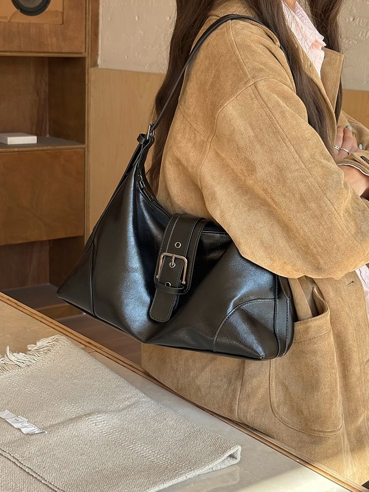 Buckled Faux Leather Hobo Bag