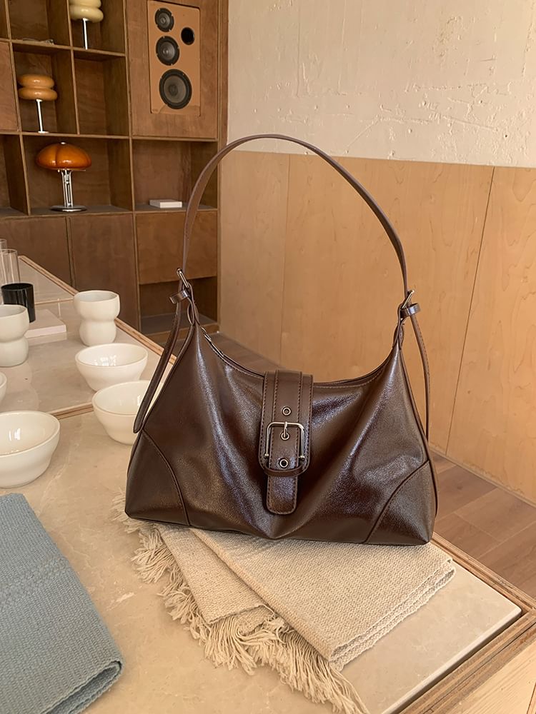 Buckled Faux Leather Hobo Bag